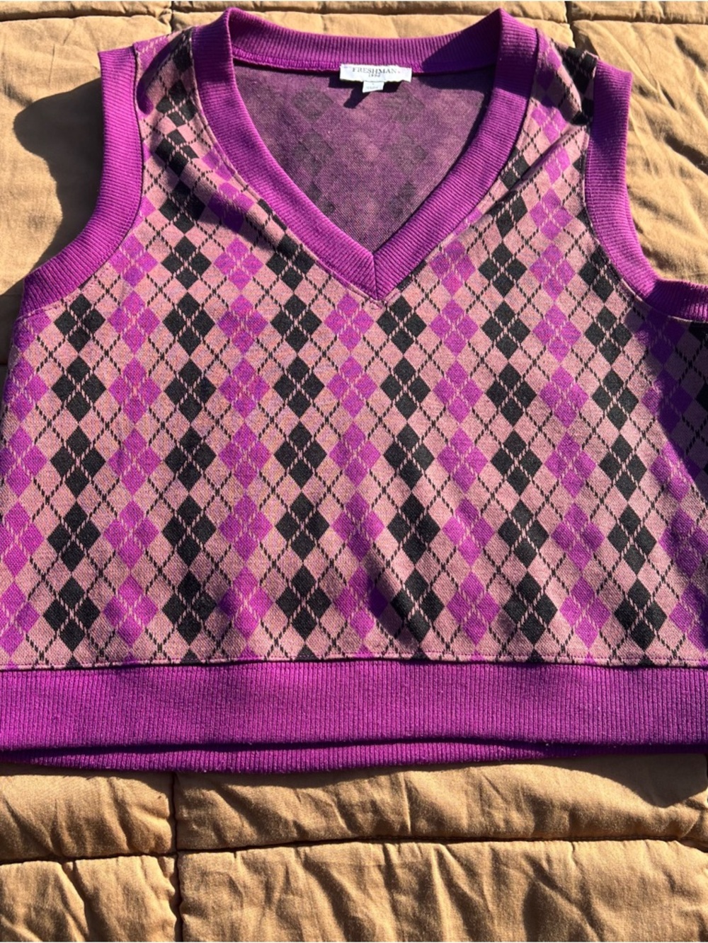 Purple Argyle V-Neck Cropped Sweater Vest by Freshman 1996 Size Large